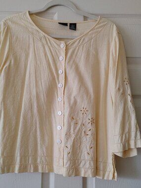 Vintage ERIKA Women's Yellow Linen/Rayon Button Up w/ 3/4 Sleeve Shirt Size L